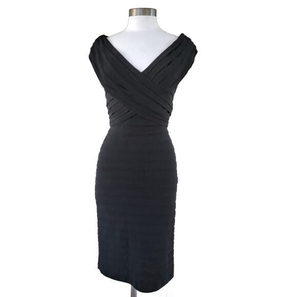 TADASHI SHOJI Black Jersey Shutter Pleated V-neck Cocktail Party Dress Small - Picture 2 of 11
